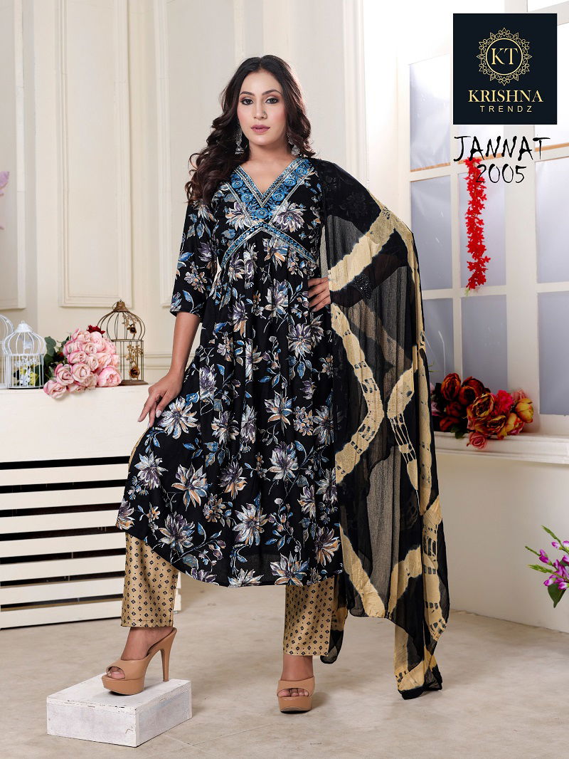 Jannat Vol 1 By Krishna Alia Cut Rayon Printed  Kurti With Bottom Dupatta Wholesale Online
